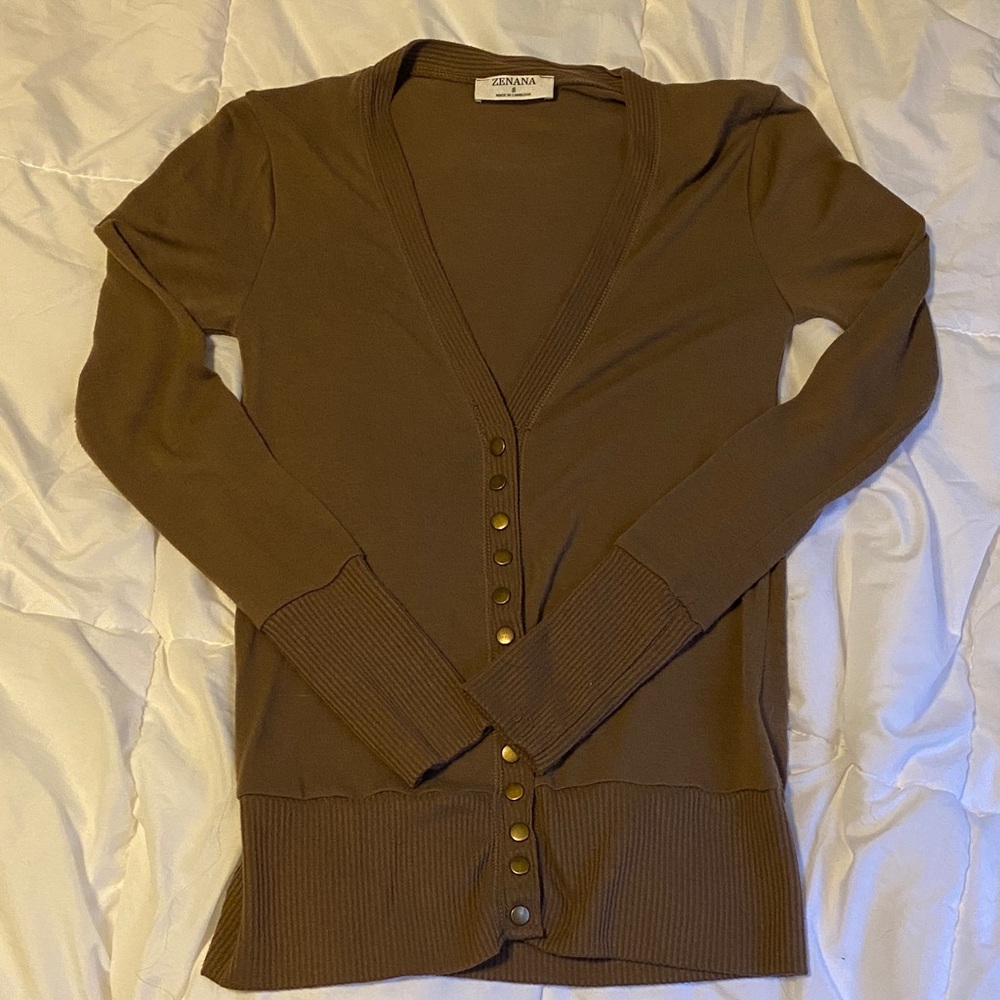 Zenana Outfitters Brown Cardigan with Gold Buttons